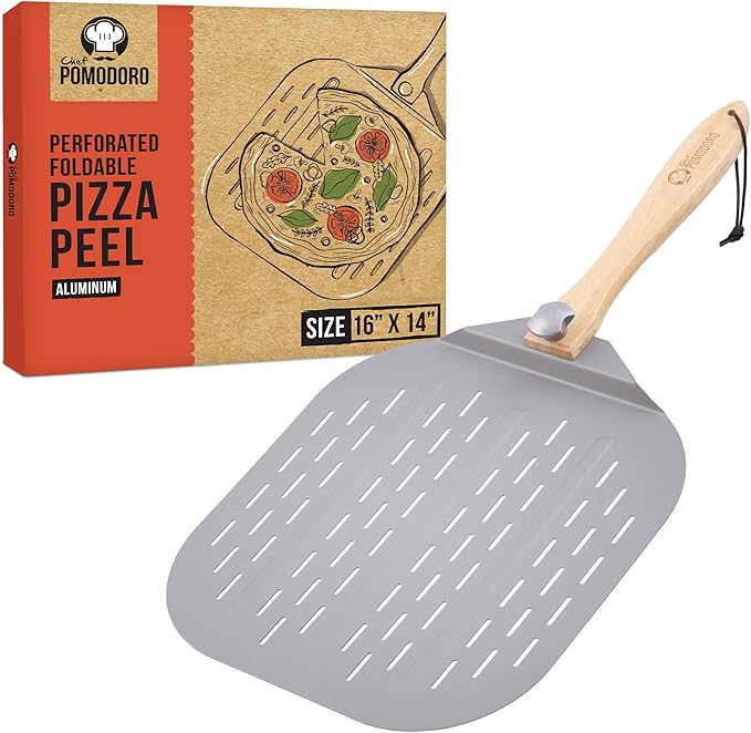 Chef Pomodoro Aluminum Perforated Pizza Peel 16 Inch with Foldable Handle | Perforated Pizza Peel 16 inch, Pizza Steel Perforated Design Prevents Sticking, Foldable Stainless Steel Pizza Peel Handle by ChefPomodoro