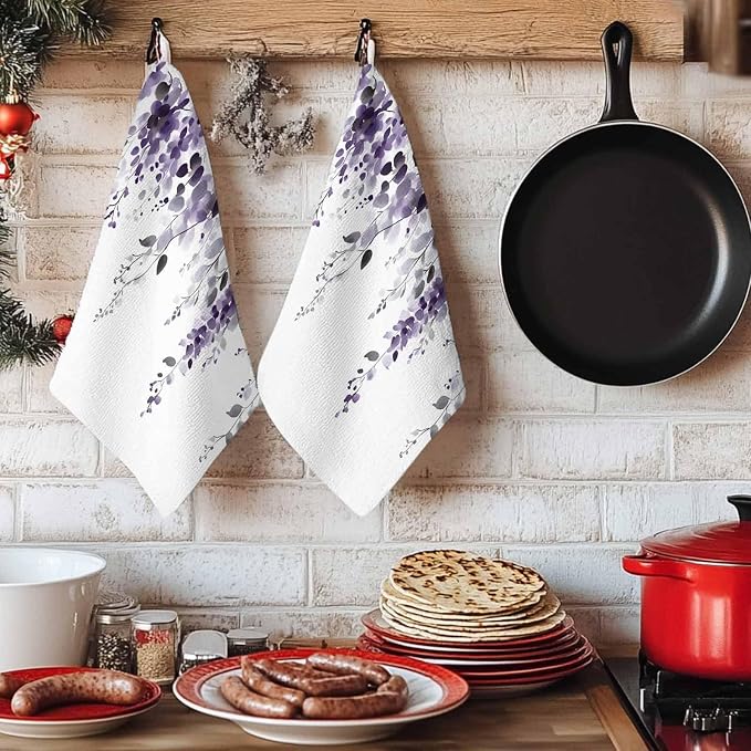 Purple Eucalyptus Kitchen Towels Set of 4, Absorbent Dish Towels for Kitchen, Spring Summer Botanical Plants Chic Microfiber Hand Towel, Quick Drying Tea Towel for Cleaning Decorative Dishcloths - Image 6