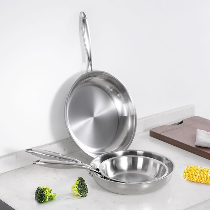 SuperCook 2 Pieces Tri-Ply Clad Stainless Steel Frying Pan, 8" and 10" Skillet Set, Steel Pans for Cooking, Sauté Pans Set, Non-Toxic, Multiclad, Induction Oven Compatible, Dishwasher Safe - Image 6