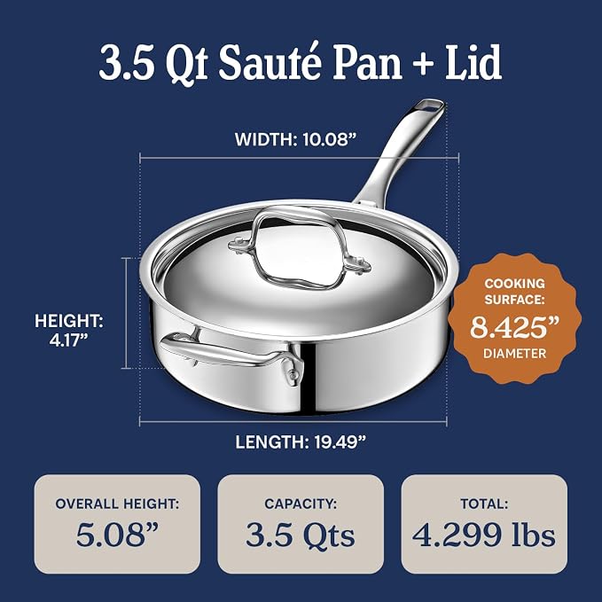 LEGEND COOKWARE 5-Ply Stainless Steel 3.5-Quart Saute Pan with Lid - Induction Compatible, Oven Safe 800°F - Non-Toxic, No Coatings - Even Heating, Won't Warp - Built to Last Generations - Image 6