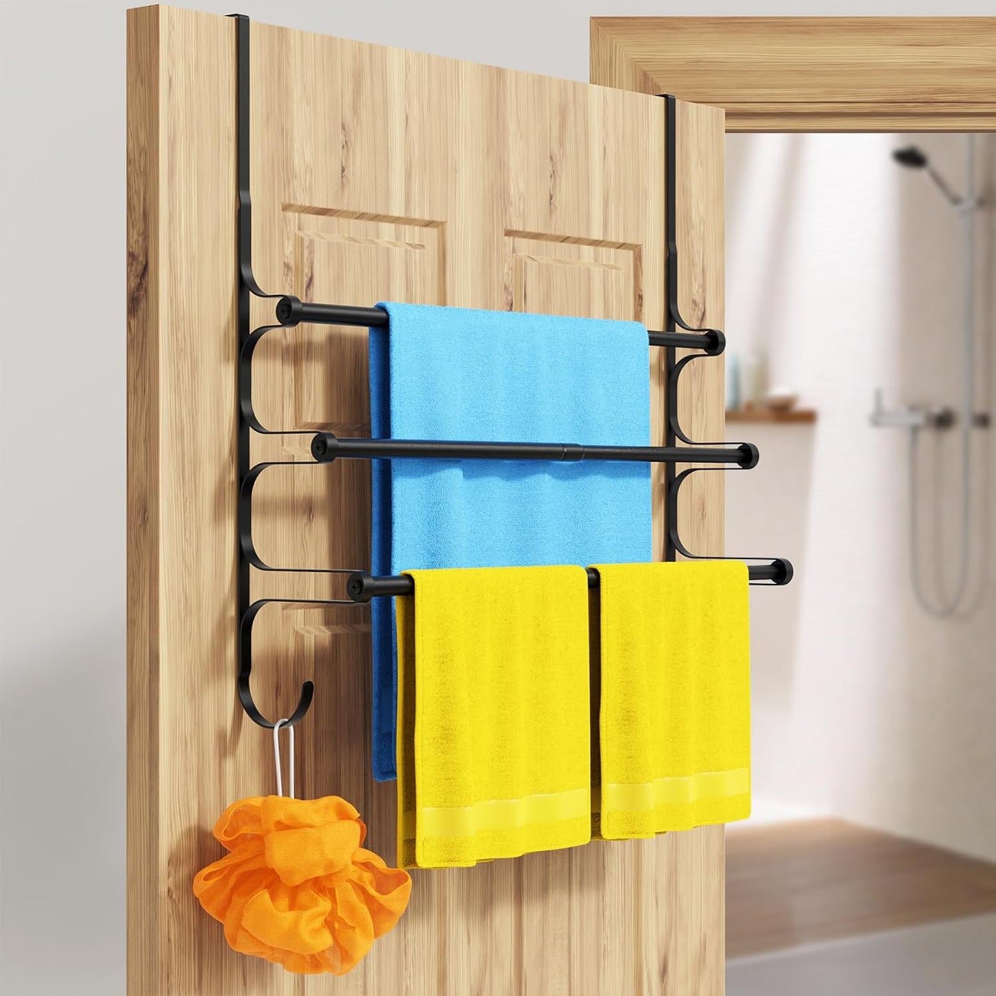 Over The Door Towel Rack, Triple Towel Storage Holder with Hooks, 24.02 Inches Towel Bar Hanger Towel Racks for Bathroom (Black)
