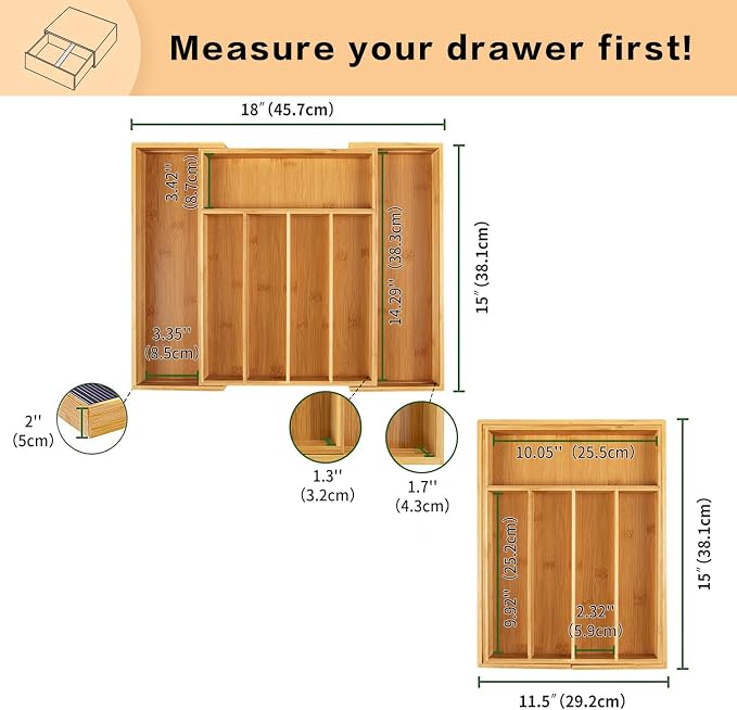 Utoplike Bamboo Silverware Tray Acacia Kitchen Drawer Organizer Expandable - Image 2