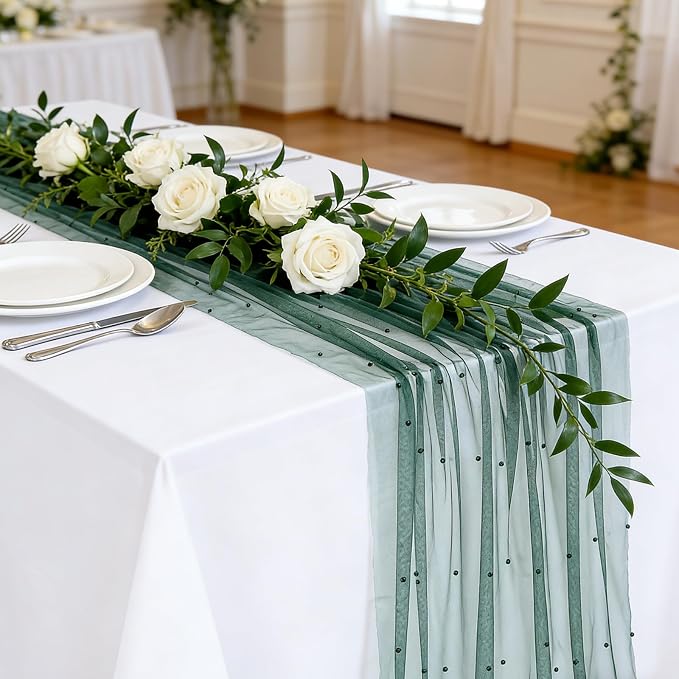 Pearl Table Runner Tulle Fabric 10ft Pearl Kitchen Linen 29x120 Inch Bulk - Image 2