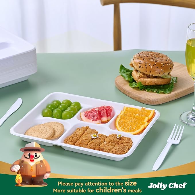 Compostable 5 Compartment 10*8.25*1 Inch 125 Pack Heavy Duty Paper Plates | Small Divided Disposable Plates White Eco-Friendly Biodegradable Food Tray for School Lunch Dinner Christmas - Image 4