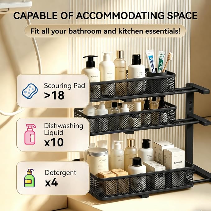 2 Pack 3 Tier Under Sink Organizer with Pull Out Drawer, Height Adjustable Heavy Duty Metal Under Cabinet Organizer, Smooth Sliding Storage Shelf for Kitchen, Bathroom Cabinet Organization, Black - Image 4