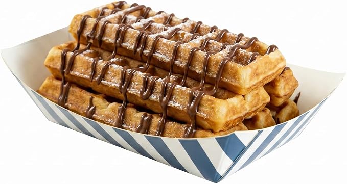 Restaurantware-Bio Tek 4 Ounce Paper Boats, 50 Disposable #25 Food Trays - PE Lining, Durable, Blue And White Striped Paper Food Baskets, For Concession Stands, Picnics, or Fairs - Image 6