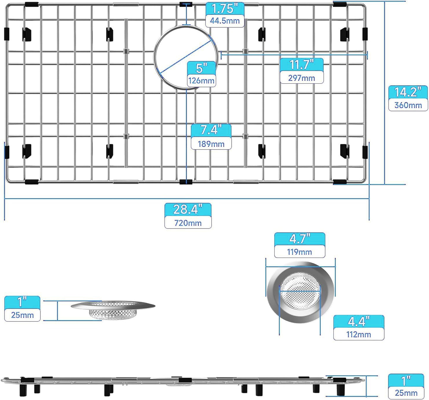iPEGTOP Sink Rack for Bottom of Sink, Stainless Steel Sink Protector 28-3/8" x 14-3/16" Rear Drain Hole, Detachable Sink Grid Sink Grate with Hole Cover for Kitchen Sink Single Sink Bowl, Three-Piece
