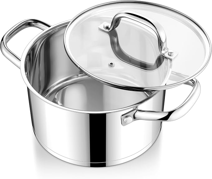E-far Stainless Steel Stock Pot, 5 Quart Pot with Glass Lid for Soup Pasta by E-far