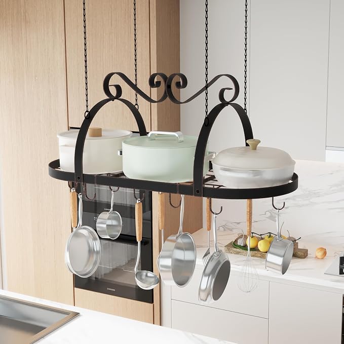 Metal Hanging Pot Rack Ceiling Mount, Vintage Oval Pot and Pan Storage Rack | 33" Metal Ceiling Pan Hanging Rack with 15 Hooks, Decorative Vintage Brown Pot Hangers for Kitchen Organize Utensils Cookware - Image 4