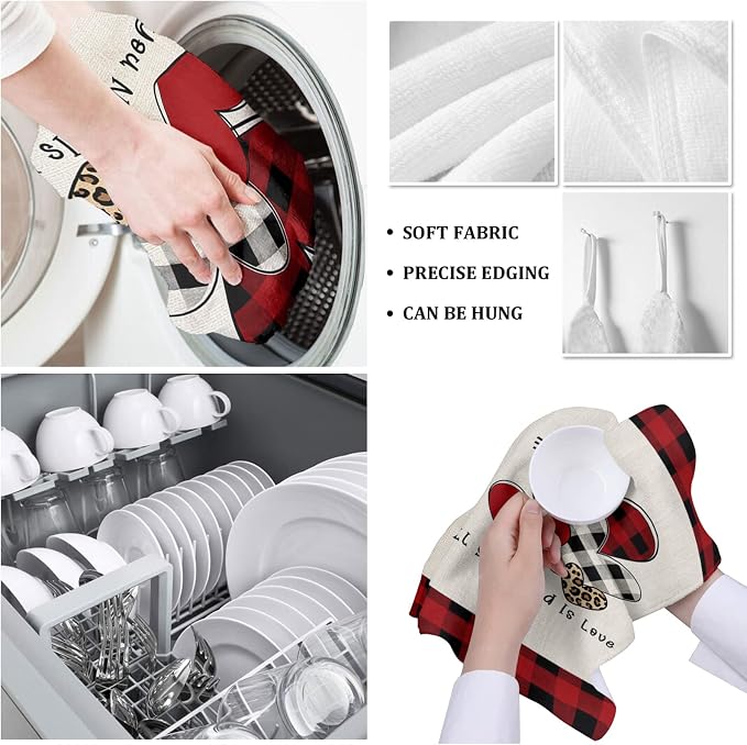 Kitchen Towels,Microfiber Cleaning Cloths, Valentine's Day Love Heart Red Black Buffalo Plaid Soft Dish Towels for Kitchen, 1 Piece Absorbent Reusable Dish Towels,Tea Towels,Bar Towels,18x28 Inch - Image 5