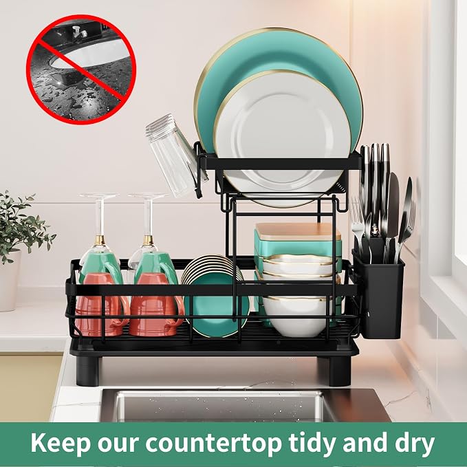 MOUKABAL 2 Tier Dish Drying Rack with Drainboard for Kitchen Counter, Black - Image 8