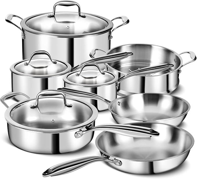 EWFEN 3 Ply Stainless Steel 11-Piece Cookware Set with Lids, Pots and Pans Kitchen Set, Non-Toxic, Induction, Oven, Dishwasher Safe, Professional Chef Quality by EWFEN