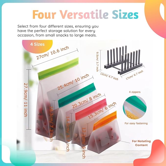 Reusable Food Storage Bags – 14-Pack Stand-Up, BPA-Free, Freezer, Dishwasher Safe & Eco-Friendly – 3 L, 8 M, 3 S Bags – Airtight Leakproof, Sandwich, Snack, and Meal Prep Baggies (Multicolor) - Image 6