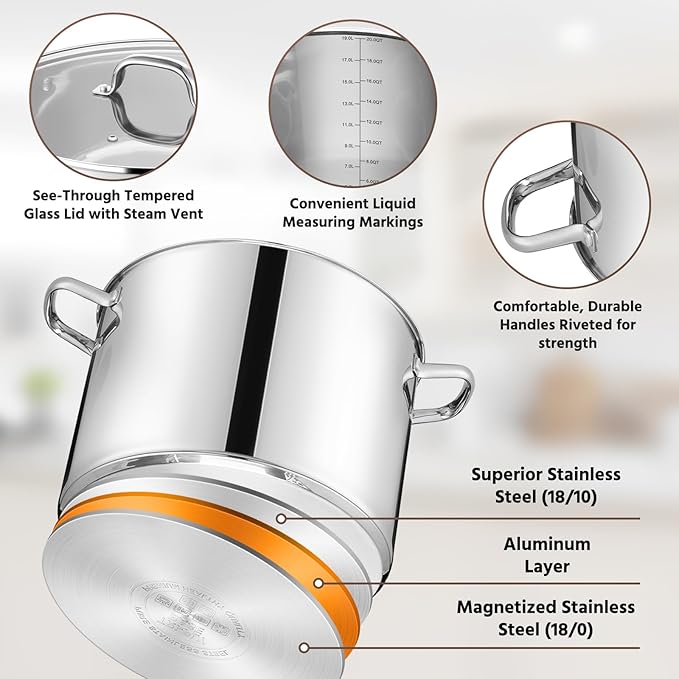 E-far 20 Qt Large Stock Canning Pot, Stainless Steel Stockpot with Lid for Boiling Cooking Soup Stew, Heavy Duty Tri-Ply Bottom Works w/Induction, Commercial Grade & Dishwasher Safe - Image 3