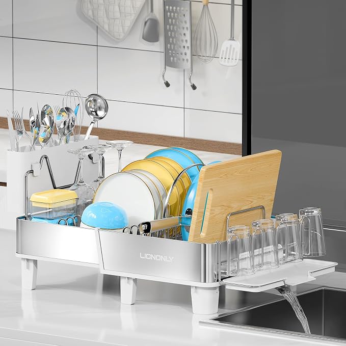304 Stainless Steel Expandable Dish Drying Rack with Drain Spout, White by StartYourHomeStorageLife