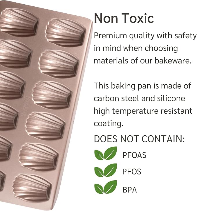 HAPPIELS 12 Well Madeleine Pan 2-Pack Nonstick, PFOA & BPA Free | | Non-Toxic - High Carbon Steel - Gold - Madeleines Cake Cookie Mold - Image 4
