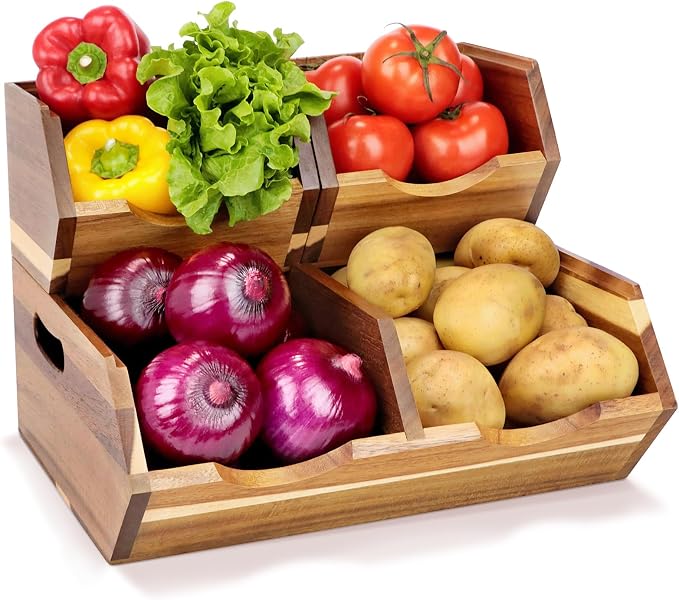 Acacia Wood Pantry Storage Bins, Stackable 3-piece set | Moisture-resistant hardwood with ventilated open front. Stores potatoes, onions, vegetables, and fruits on countertop by Happilif