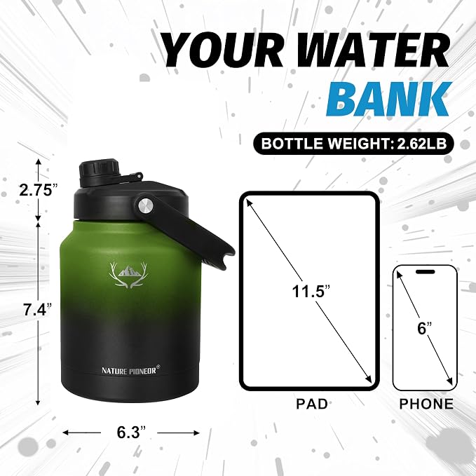 NATURE PIONEOR 84 oz Insulated Water Bottle Jug with Carrier Bag | 18/8 Food-grade Stainless Steel, Double Vacuum Insulation, Wide-Mouth, Straw & Spout Lid, Strap, Camping, Hiking, Gym, Work - Image 2