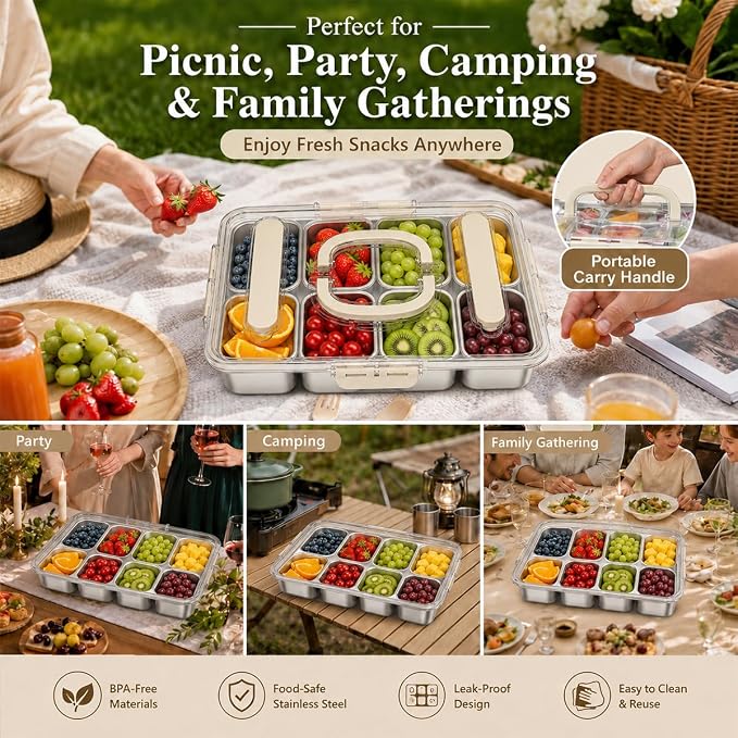 Ankou Snackle Box Container, Stainless Steel Divided Serving Tray with Lid, Handle and Forks - Image 6