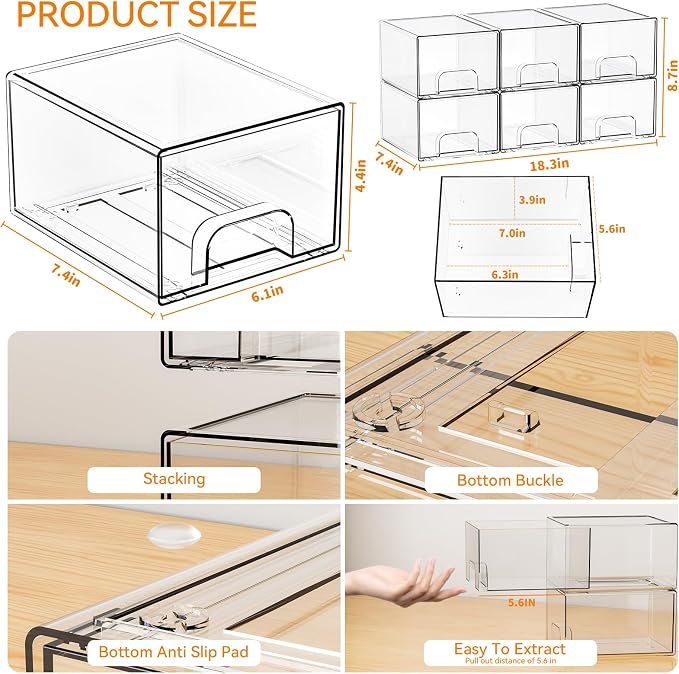 Yieach 6 Pack Small Stackable Storage Drawers,4.4 Inch Tall Stacking Acrylic Clear Storage Bins for Bathroom Vanity,Undersink,Pull Out Drawer Organizers for Beauty,Makeup,Medicine Cabinet Organizers - Image 3