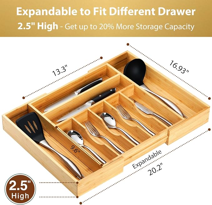 Umilife Large Expandable Kitchen Silverware Utensils Drawer Organizer, 2.5" Extra High Adjustable Drawer Divider with Curved Grooves, Bamboo Wood Cutlery Tray Flatware Holder - Image 2