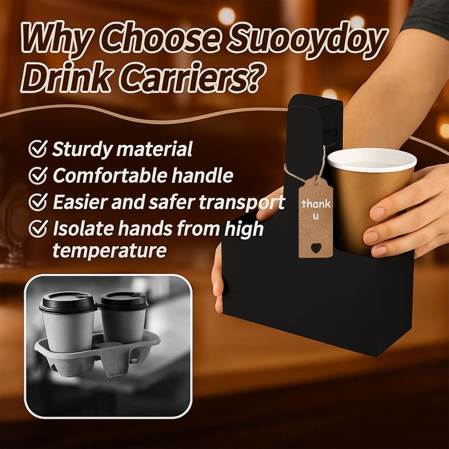 30 Pack 2 Cup Disposable Drink Carrier with Handle Paperboard Coffee Cup Holder Portable for Hot Cold Drinks Food Delivery Services with Heart Card for Teacher Appreciation Week Mother's Day