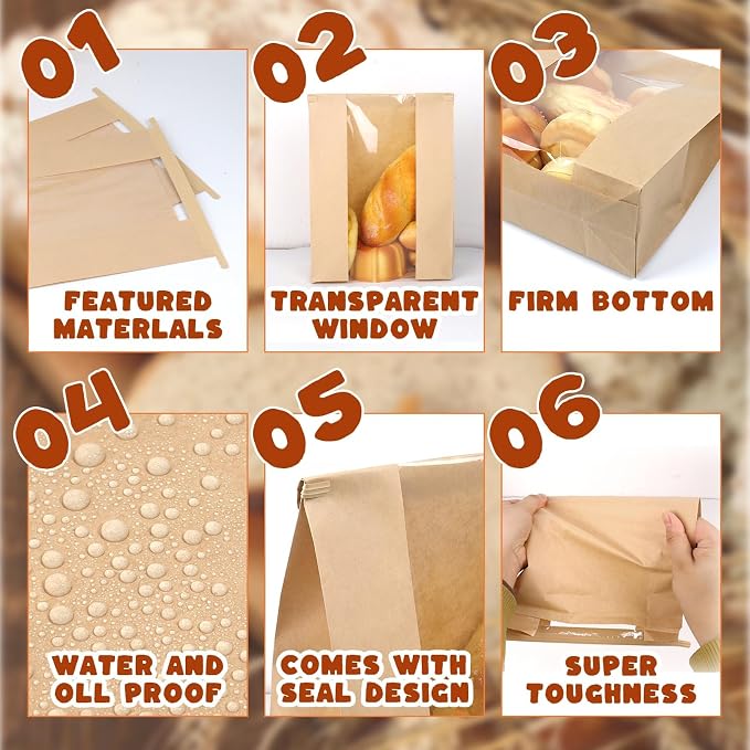 1000 Packs Paper Bread Bags for Homemade Bread, Sourdough Bread Bags with Tin Strip, Bakery Packaging Bags with Clear Window for Cookies Bread (13.7x8.2x3.5 inch) - Image 3