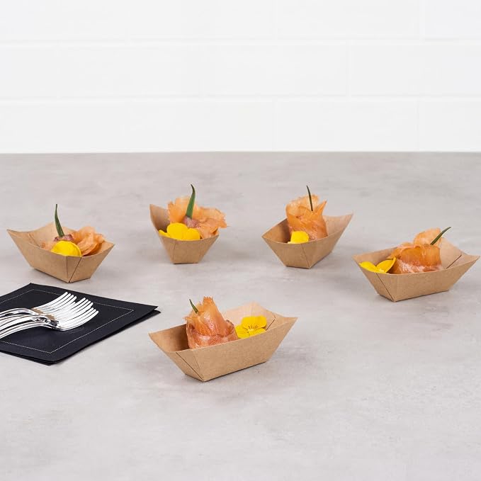 Restaurantware-Bio Tek 2 Ounce Food Trays, 400 Disposable Paper Food Trays - Heavy-Duty, Grease-Resistant, Kraft Paper Food Boats, For Snacks, Appetizers, Or Treats, Use At Parties Or Carnivals - Image 4