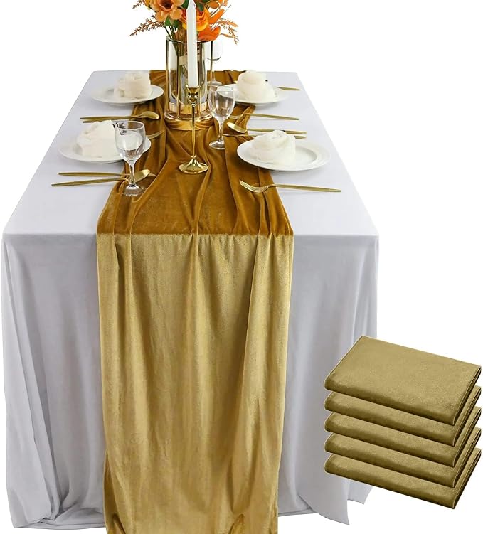 Luxurious Velvet Table Runner, 10ft Wedding Reception Decorations, 20x120inch Soft Velvet Fabric, Table Linen Overlay, Wedding Table Runners (Gold, 20X120inch, 5pack) by EHLDekol