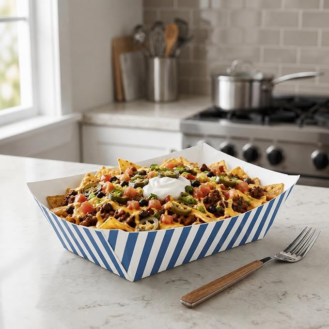 Restaurantware-Bio Tek 1/2 Pound Food Trays, 400 Disposable Paper Food Trays - Heavy-Duty, Greaseproof, Striped Paper Food Boats, For Snacks, Appetizers, Or Treats, Use At Parties Or Carnivals - Image 3