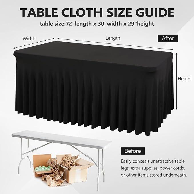 Wish Care 6 Pack Black Spandex Table Cloths for Rectangle Tables 6ft - One-Piece Wrinkle Free Fitted Table Cover 6 Foot Table Stretch Tablecloths for Party, Banquet, Wedding and Events - Image 3