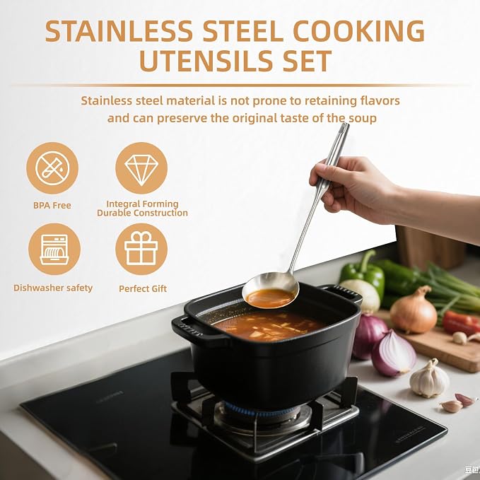 Stainless Steel Kitchen Utensil Set, 6-Piece Cooking Tools with Slotted Spoon, Soup Ladle, Pasta Server, Serving Spoons, Spatula, Slotted Turner, Non-Toxic Easy to Clean, Large Size, Silver - Image 5
