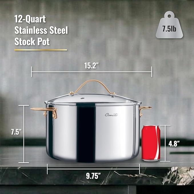 Ciwete Stock Pot 12 Quart, 18/10 Tri-Ply Stainless Steel Whole Clad Stock Pot with Lid, Seamless 12 QT Cooking Pot with Copper Handle, Healthy Stockpots, Induction, Gas, Oven and Dishwasher Safe - Image 8