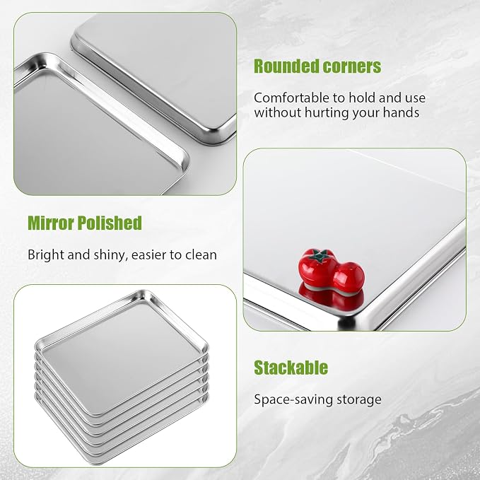 Mimorou 6 Pcs Baking Sheet Set Stainless Steel Cookie Sheet Cookie Baking Pan Bakeware Oven Tray Dishwasher Safe Commercial Grade Pans(12x9.5x1 Inch) - Image 3