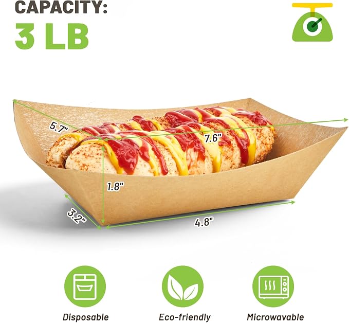 ZORRITA 100 Pack 3 Lb Paper Food Trays | Disposable, Kraft Paper, Nacho Trays, Food Boats, Taco Holders, Party Serving Baskets, For Hot Dogs Snacks Tacos Fries - Image 2
