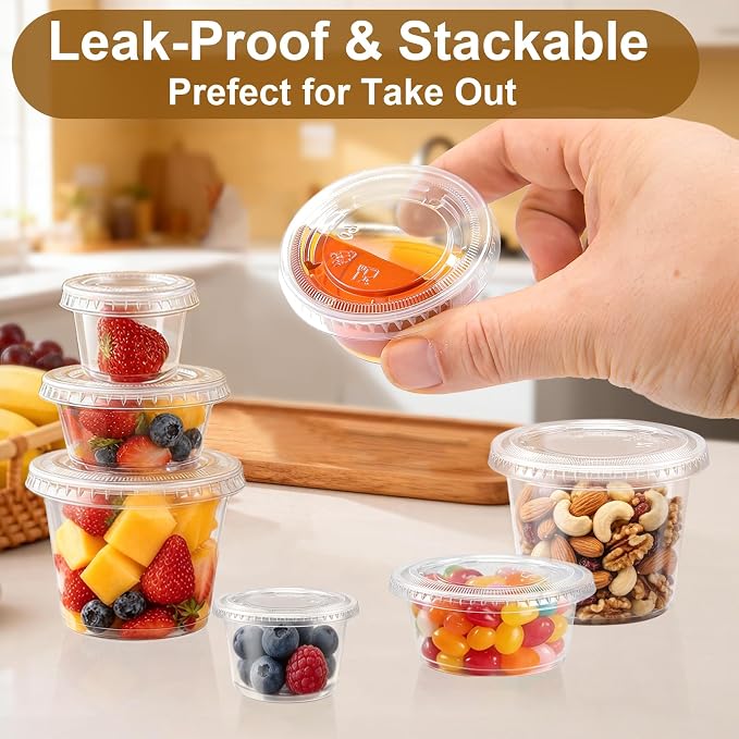 BYSNOW 400 Sets 2 oz Plastic Jello Shot Cups with Lids, Small Portion Cups | Clear Disposable Condiment Cups, Mini Sample Cups, Airtight Sauce Containers for Salad Dressing, Snacks, Souffle, Daily Use - Image 3