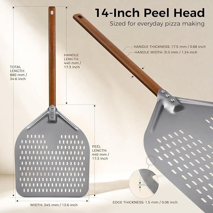 G.a HOMEFAVOR 14" x 17" Perforated Pizza Peel 35 Inch overall, Rectangular Aluminum Pizza Turning Peel with Walnut Wooden Handle For Baking Pizza Brick Oven - Image 3