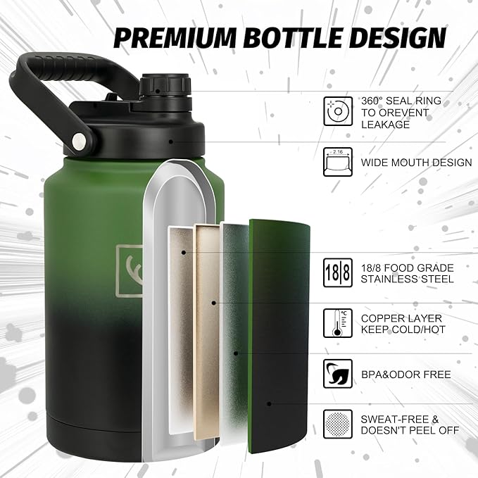 NATURE PIONEOR 1 Gallon (128oz) Insulated Water Bottle Jug with Carrier Bag | 18/8 Food-grade Stainless Steel, Double Vacuum Insulation, Wide-Mouth, Straw & Spout Lid, Strap, Camping, Hiking, Gym, Work - Image 3