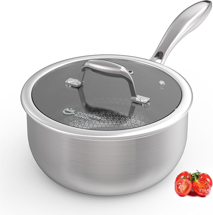 COOKER KING 3 Quart Stainless Steel Saucepan with Lid, Tri-Ply Ceramic Nonstick Pot, Metal Utensil Safe, Dishwasher & Oven Safe up to 900F, Induction Cookware for All Stovetops by cookerking