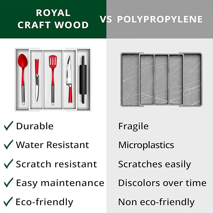 ROYAL CRAFT WOOD Luxury Bamboo Kitchen Drawer Organizer - Silverware Organizer - Utensil Holder and Cutlery Tray with Grooved Drawer Dividers for Flatware and Kitchen Utensils (5 Slot, White) - Image 8