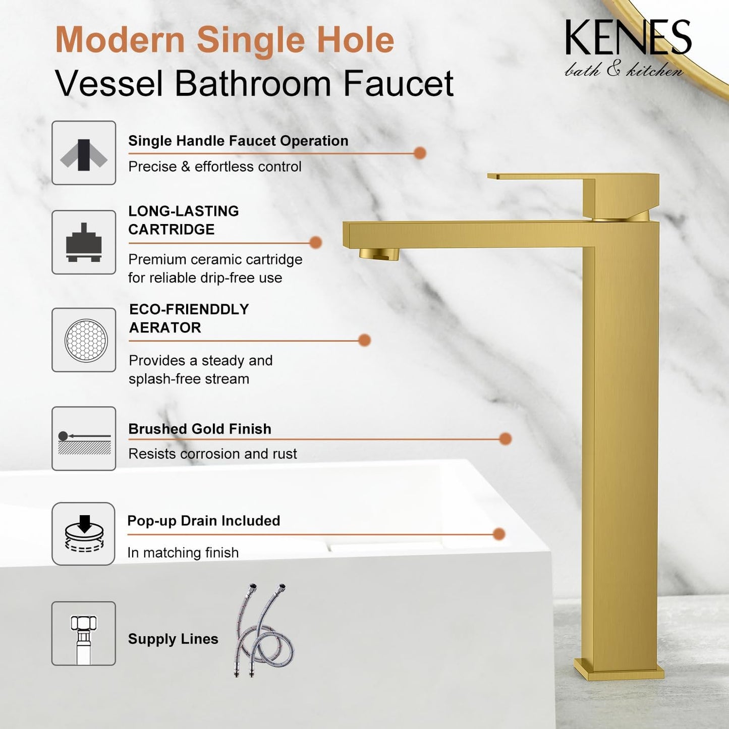 KENES Brushed Gold Tall Bathroom Faucet, Single Handle Vessel Sink Faucet Gold Vanity Bathroom Faucet with Supply Lines and Pop Up Sink Drain, LJ-9031A-4