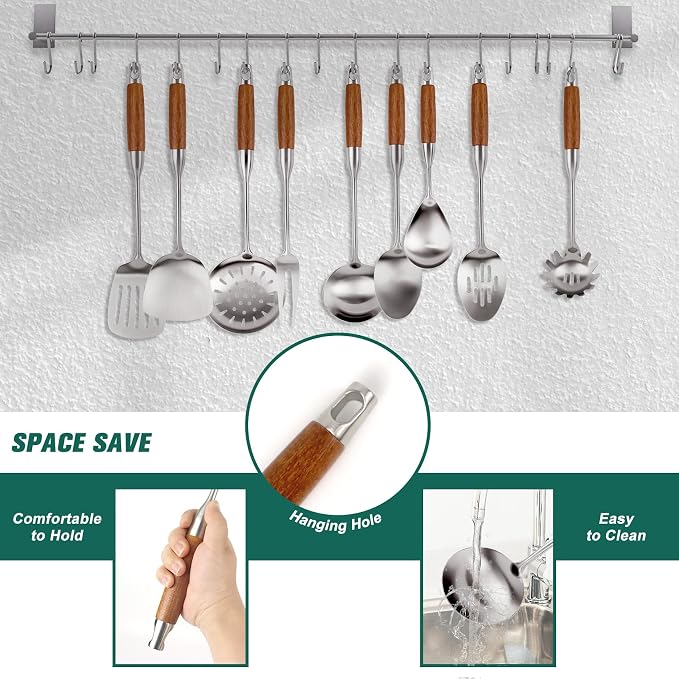 304 Stainless Steel Kitchen Utensils Set with Wooden Handle, 11 Pcs Long Heat Resistant Metal Cooking Utensils Set, Stainless Steel Cooking Utensils Set with Spatula, Turner, Solid and Slotted Spoon - Image 5