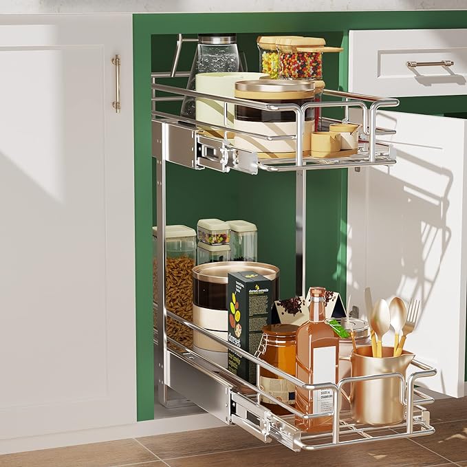 LOVMOR 2 Tier 5½" W x 21½" D, Individual Pull Organizer Kitchen Cabinet Storage Sliding Shelves - Image 2