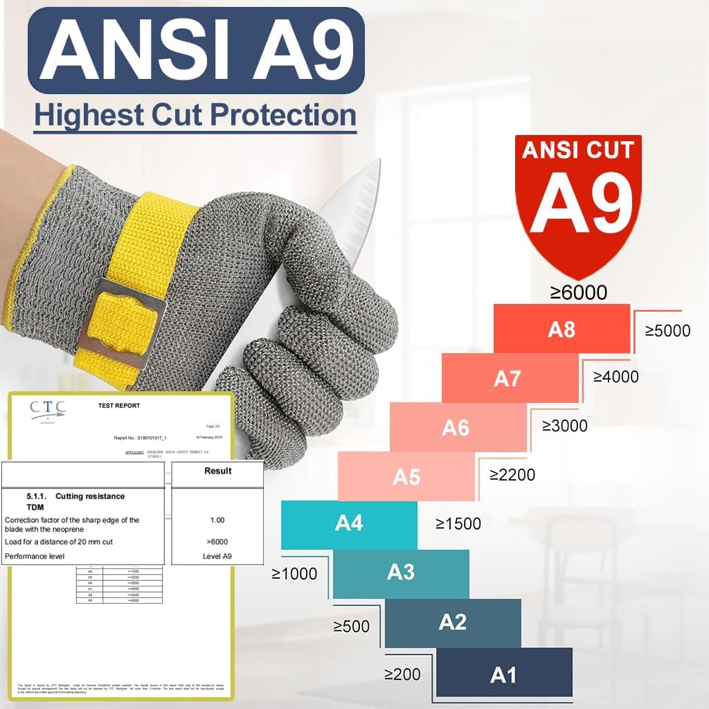 Dowellife ANSI A9 Cut Resistant Glove Food Grade, Stainless Steel Mesh Metal Knife Cutting Glove for Butcher Oyster Shucking Kitchen Mandoline Chef Slicing Fish Fillet (Large)