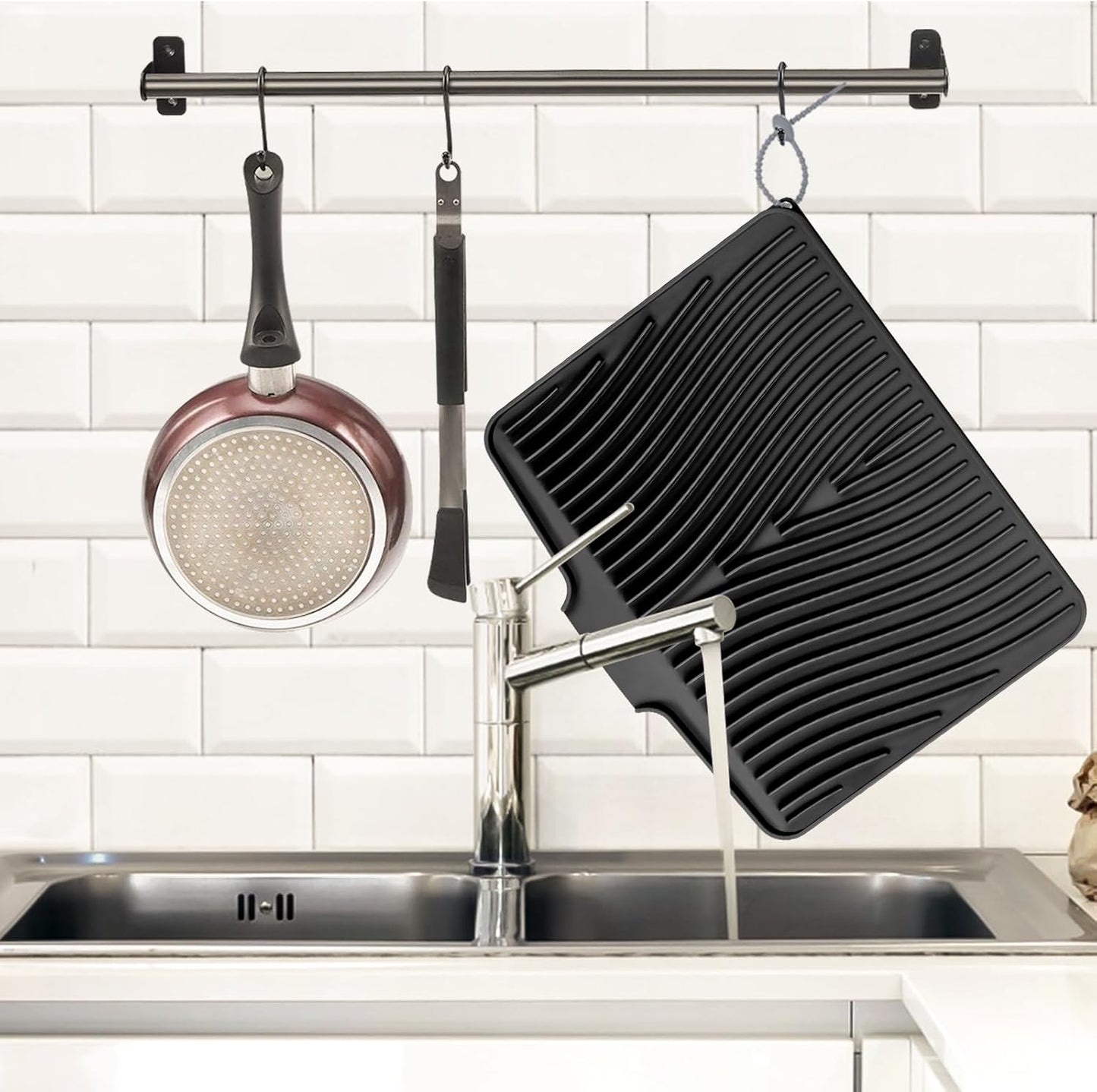 Silicone Dish Drying Mat, Stone Drying Mat for Kitchen Counter with Built-In Drain, Non-Slip Drain Pad with Built-in Drain, Heat Resistant Stone Drying Mat, 1Pcs 19.7" x 17", Black