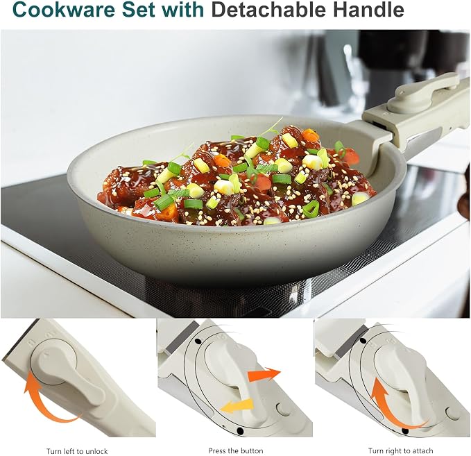 NEWBULIG 12-Piece Nonstick Cookware Set, Detachable Handle Pots and Pans, Induction Compatible Cookware, Dishwasher & Oven Safe, Space-Saving Kitchen Set, Cream White - Image 9