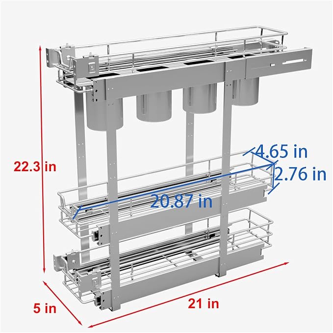 Sikarou 3-Tier 5" W x 21" D Narrow Pull Out Cabinet Organizer, Roll out Spice Rack Holder Shelve, Slide Out Slim Storage Wire Baskets for Storage Organization - Image 2
