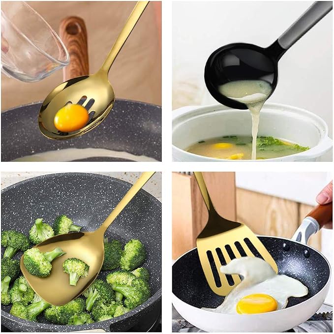 8 Piece Stainless Steel Kitchen Utensil Set Black Nonstick Cooking Utenisls Titanium Plated Kitchen Tools Gadgets Slotted Spatula Spoon Turner Ladle Dishwasher Safe - Image 2