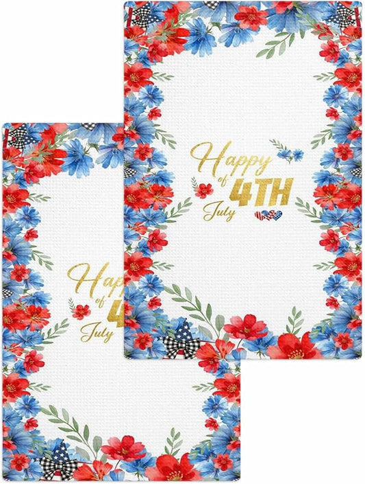 4th of July Hand Towels Set, Waffle Weave Kitchen Towels 2 Pieces, Summer Red Blue Patriotic Flowers Leaves Microfiber Hair Face Bath Tea Towel Absorbent Quick Drying Cleaning Dish Cloths, 15.7"x23.6" by Unknown