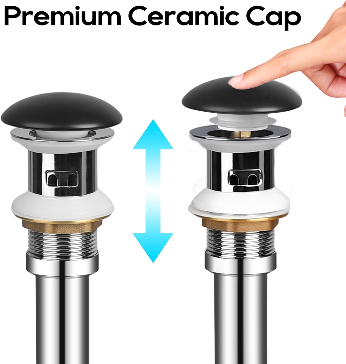 Bathroom Sink Drain with Overflow, Ceramic Cap Pop Up Drain Stopper, Rustproof Brass and 304 Stainless Steel, Black